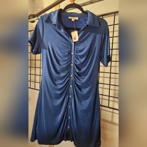 Stylish Blue Button Down Shirt Dress Pit=20 Lined